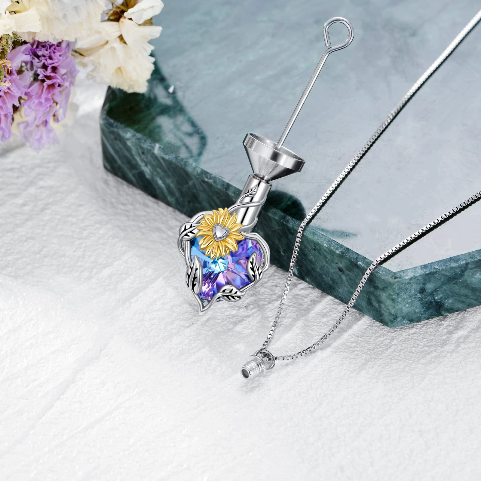 TOUPOP Sunflower Necklace for Ashes S925 Silver Sterling with Crystal Cremation Jewlry for Women