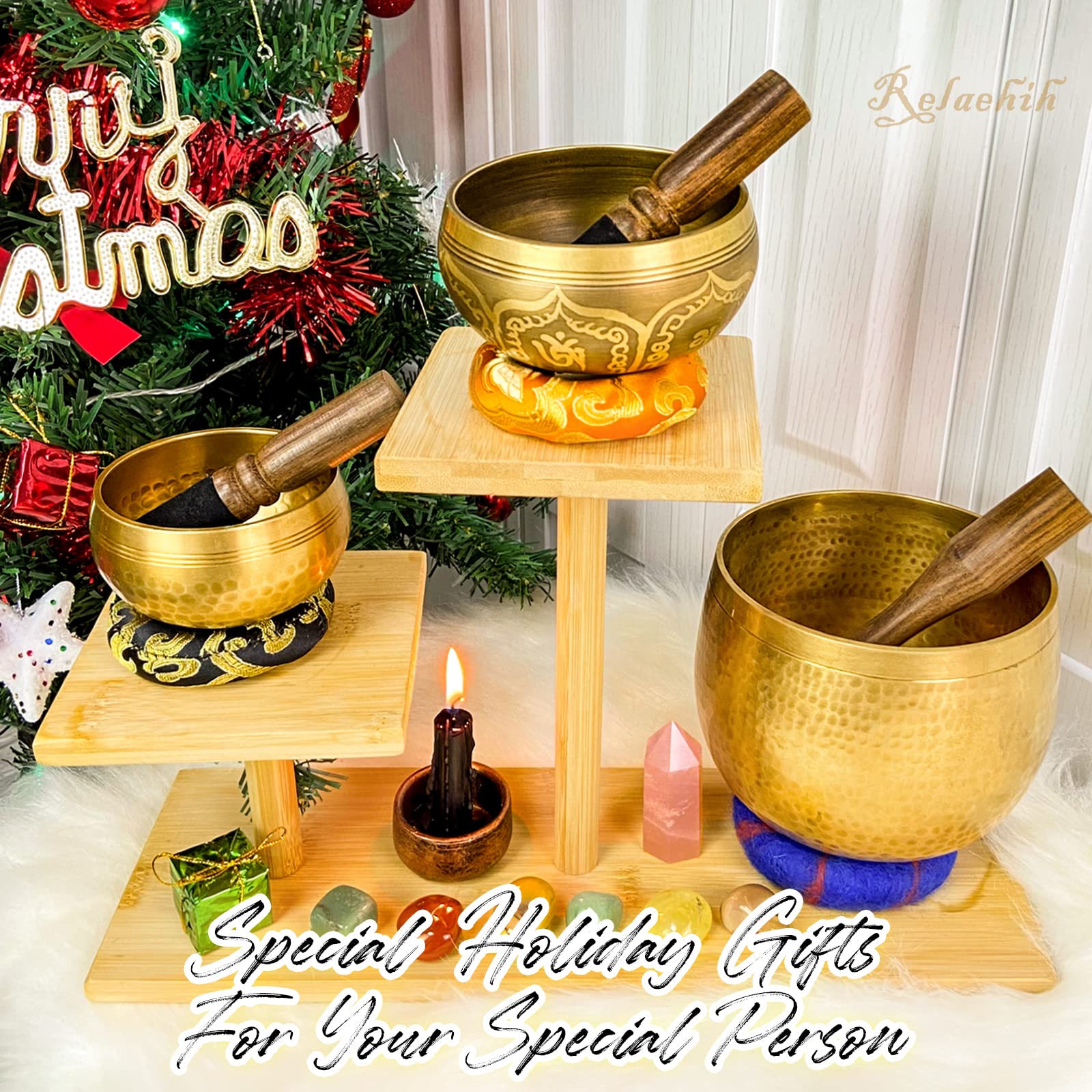 Relaehih Tibetan Singing Bowls Set-Hand-hammered in Nepal Sound Bowl for Meditation, Yoga, Chakra, Meditation Accessories, Unique Gifts for Women, Men (Yellow, 4 inch *1)