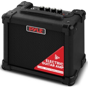 pyle portable electric guitar amp, battery or wall powered 10w mini amplifier with 5" high definition speaker, distortion, headphone out, carry strap