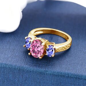 Gem Stone King 18K Yellow Gold Plated Silver 3-Stone Ring Oval Pink Moissanite and Tanzanite Blue (2.90 Cttw) (Size 7)