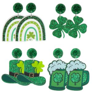 4 Pairs St. Patrick's Day Earrings Green Shamrock Clover Earrings Irish Hat Shamrock Stud Earrings Lightweight St. Patrick's Day Jewelry Lucky Earring Studs St. Patrick's Day Acrylic Earrings