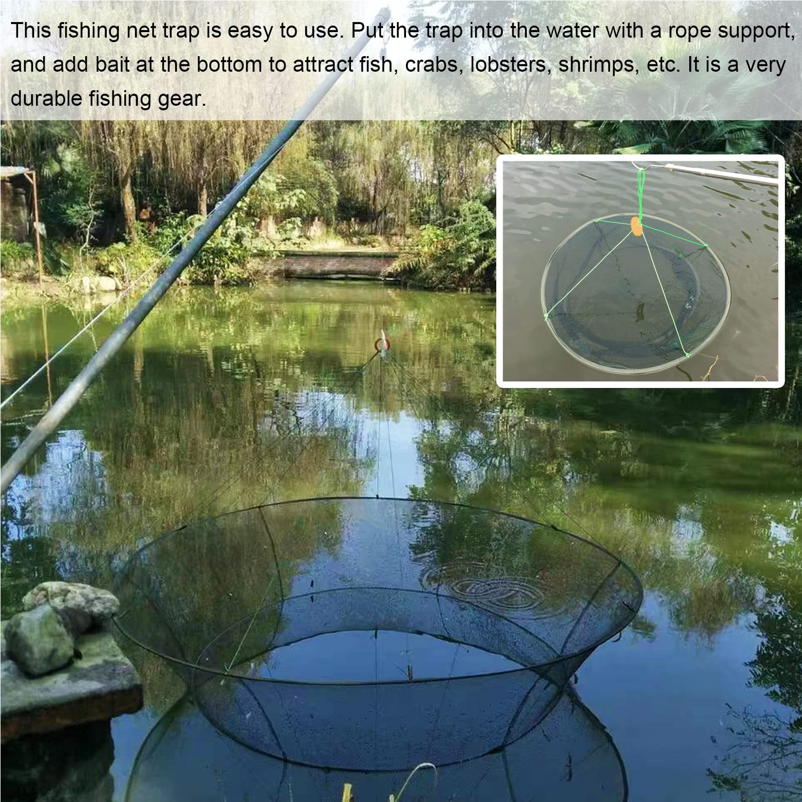 WEISGJA Portable Folded Fishing Net, Crab Net Fish Net with Fishing Rope, Hand Casting Cage Crab Net, Foldable Fishing Mesh Trap for,Minnows,Lobster,Crawfish, Shrimp etc. (39.4inch/100cm)