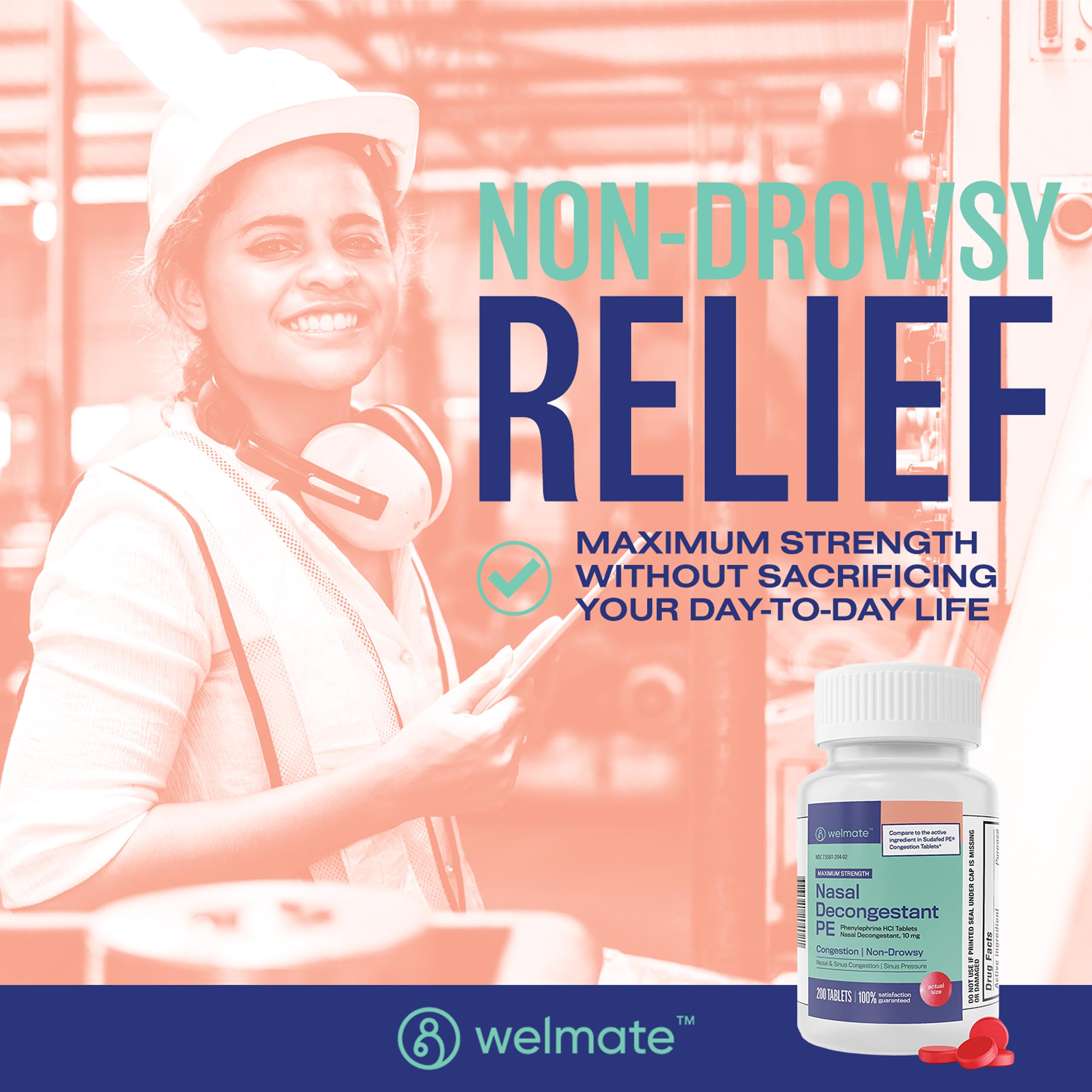 WELMATE | Nasal Decongestant PE | Phenylephrine HCl 10 mg | Maximum Strength | Sinus Relief | for Cold & Allergies | Non-Drowsy | Antihistamine | Pain Relief | Decongestants for Adults | 200 Tablets