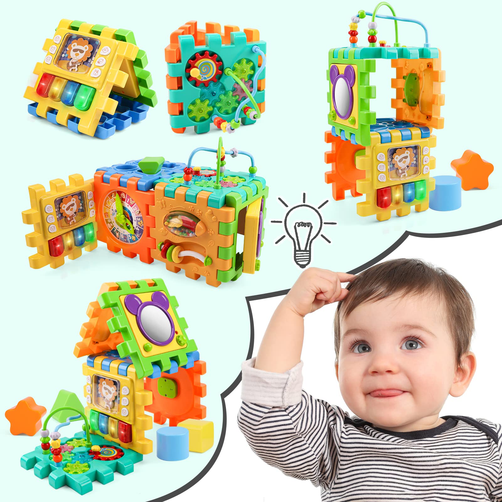 nicknack Baby Toy to 18 Months Musical Activity Cube, Busy Learning Activity Cube Toy with Bead Maze Shape Sorter for Toddler 1 Year Old Boy and Girl Gift