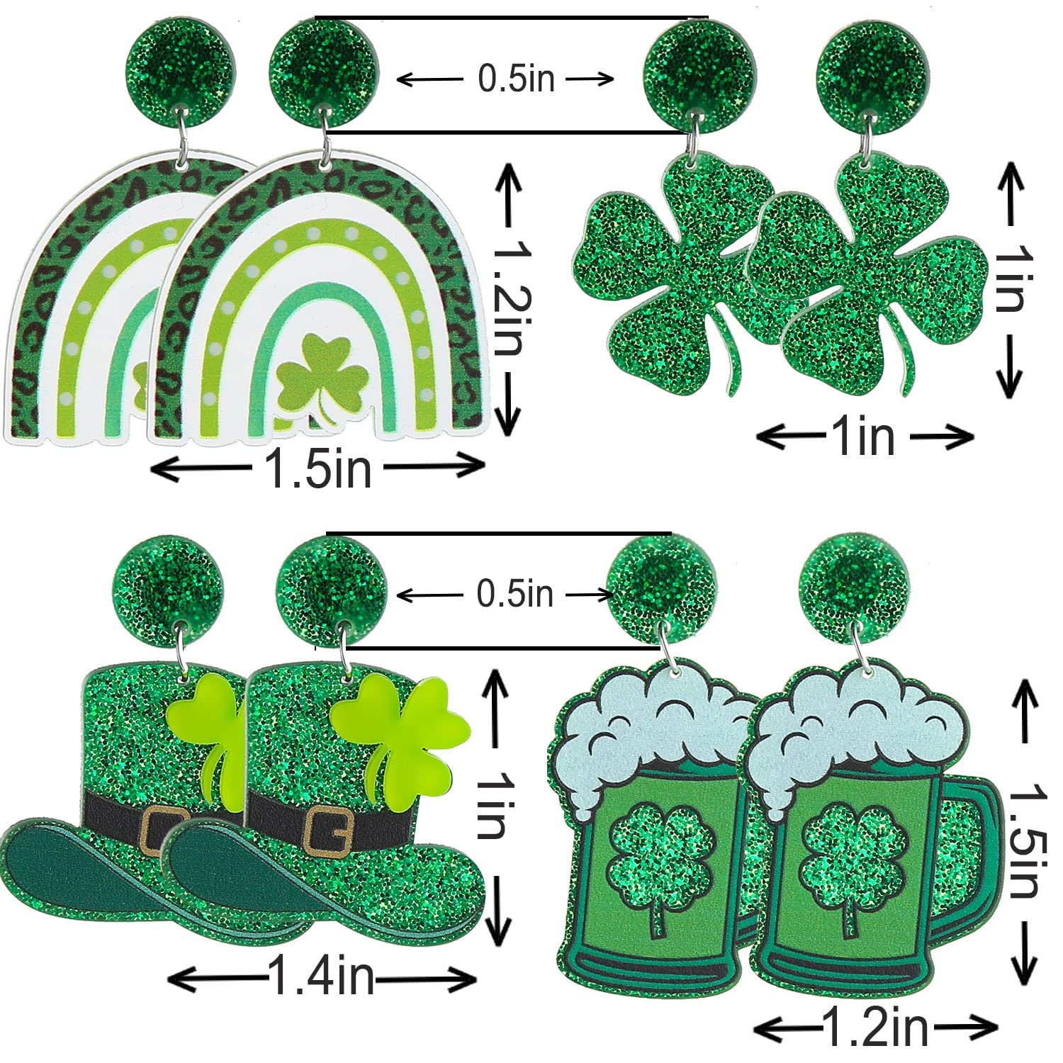 4 Pairs St. Patrick's Day Earrings Green Shamrock Clover Earrings Irish Hat Shamrock Stud Earrings Lightweight St. Patrick's Day Jewelry Lucky Earring Studs St. Patrick's Day Acrylic Earrings