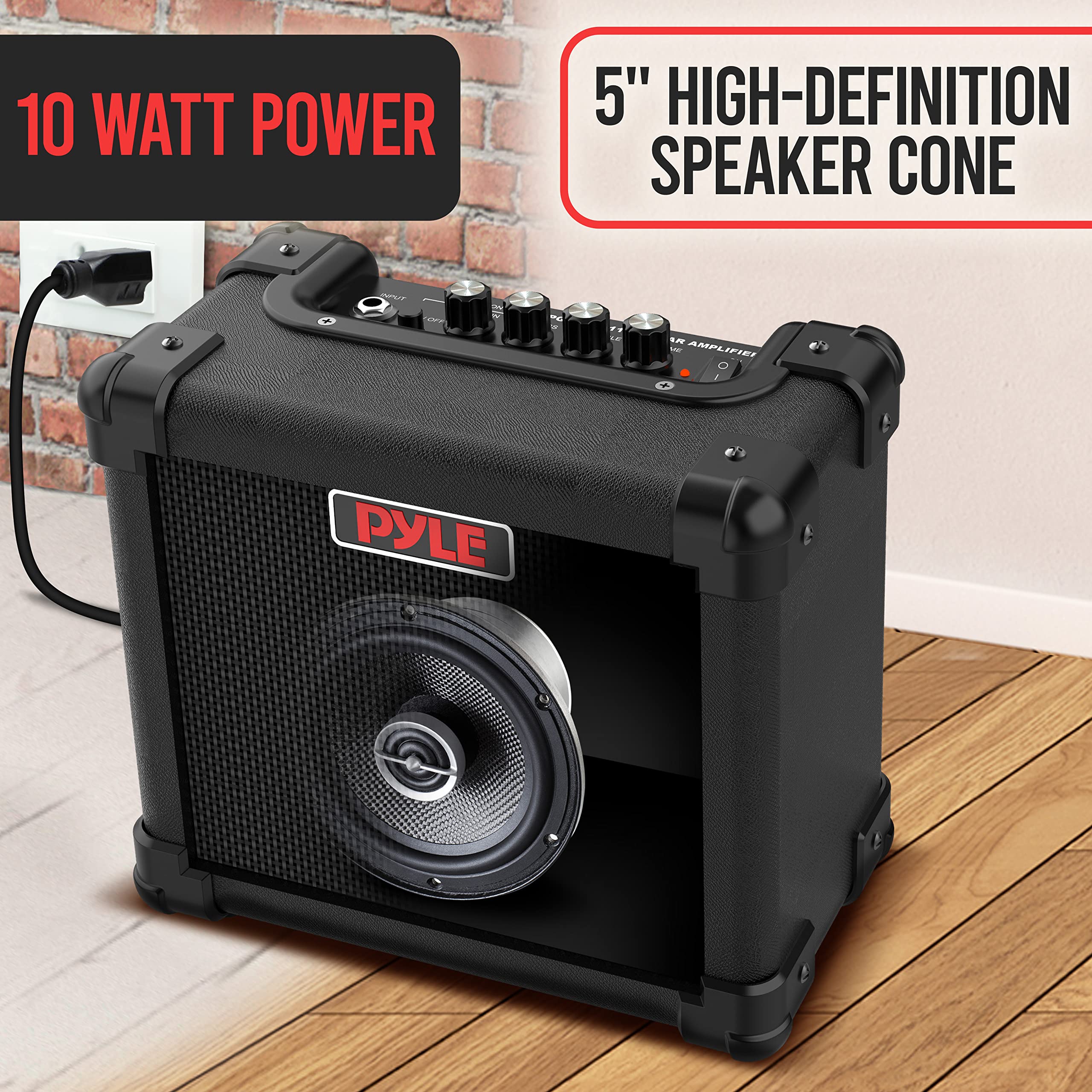 Pyle Portable Electric Guitar Amp, 10W Wall Powered Mini Amplifier with 5" High Definition Speaker, Distortion, Headphone Out