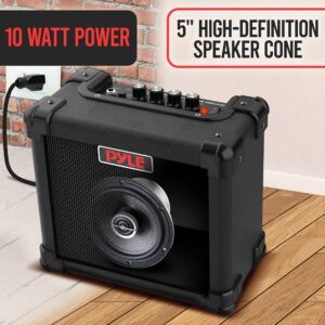 Pyle Portable Electric Guitar Amp, Battery or Wall Powered 10W Mini Amplifier with 5" High Definition Speaker, Distortion, Headphone Out, Carry Strap