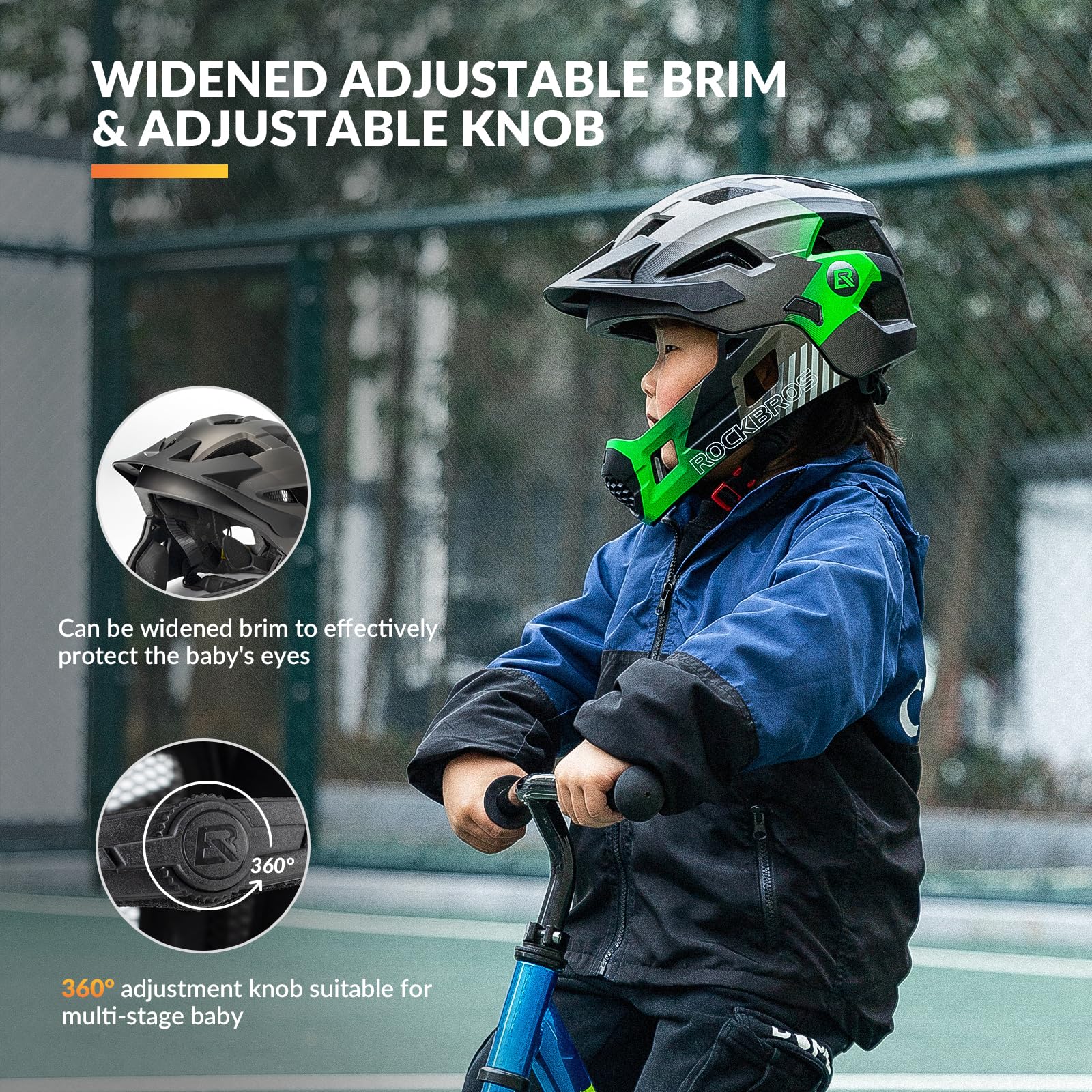 ROCKBROS Kids Bike Helmet Adjustable Detachable Full Face Bike Helmet for Children Bicycle, Skateboard, Scooter, Protective Gear