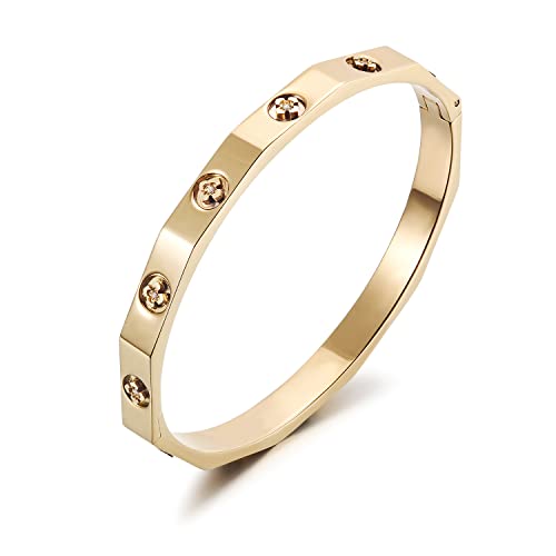 WISTIC Gold Bangle for Women Four Leaf Clover Polished Chunky Bracelets for MenStainless Steel Gold Plated Bangle Jewelry for Unisex adults Fashion Style.