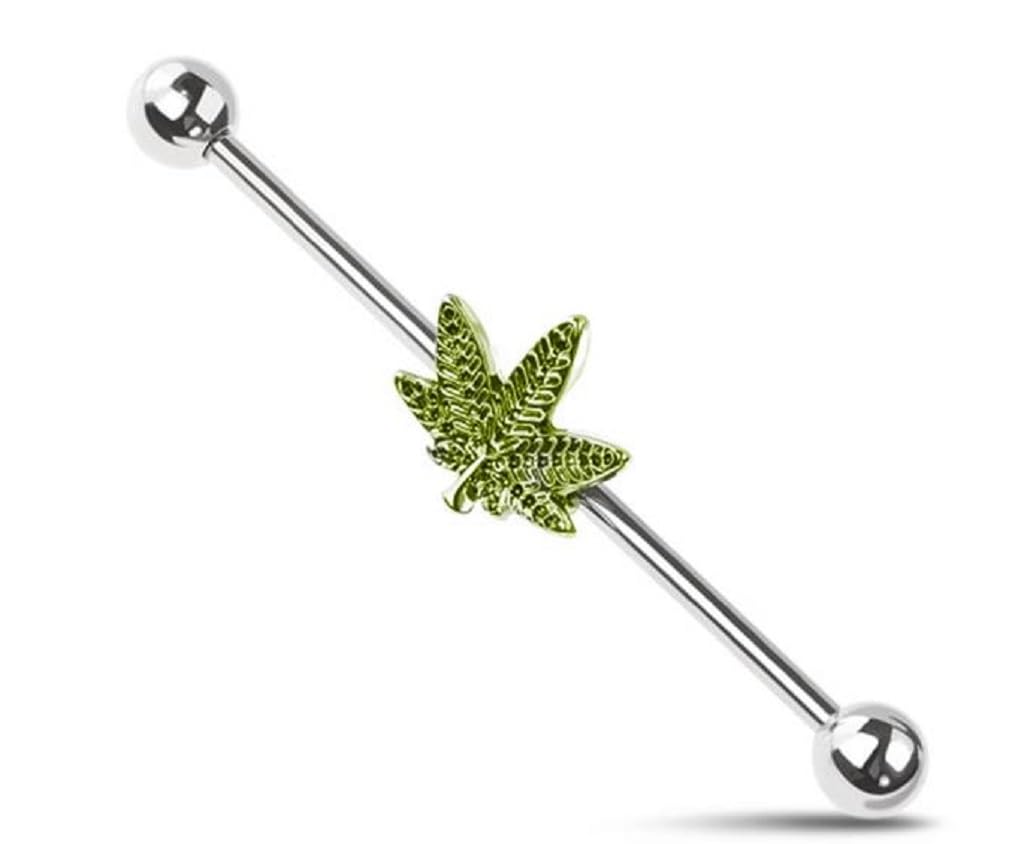 Body Accentz Industrial Pot Leaf Industrial Barbell Marijuana 14 gauge 1 1/2 barbell