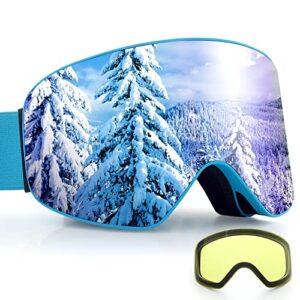 Dizokizo Ski Goggles Cylindrical Skiing Snowboard Lens Anti-fog 100% UV Protection Triple Breathable Foams Embossed Strap for Women Men REVO Blue