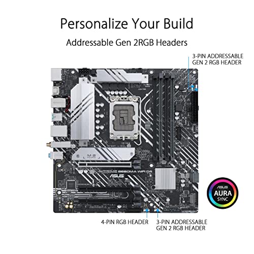 ASUS Prime Motherboard B660M-A WiFi D4 LGA 1700(Intel 12th Gen) mATX (PCIe 4.0, Wi-Fi 6,DDR4,2xM.2 Slots, 1Gb LAN, DP,2 x HDMI, USB 3.2 Rear Gen 2 and Front Gen 1 Type-C, Aura Sync)