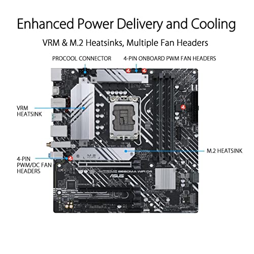 ASUS Prime Motherboard B660M-A WiFi D4 LGA 1700(Intel 12th Gen) mATX (PCIe 4.0, Wi-Fi 6,DDR4,2xM.2 Slots, 1Gb LAN, DP,2 x HDMI, USB 3.2 Rear Gen 2 and Front Gen 1 Type-C, Aura Sync)