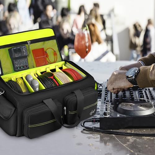 SNIGJAT DJ Bag, Large Capacity DJ Cable Bag with 6 Pockets for Extension Cords, Mics, Pedals, Cable Bag for Musicians, DJ Equipment Gig Bag with Padded Shoulder Strap, Green