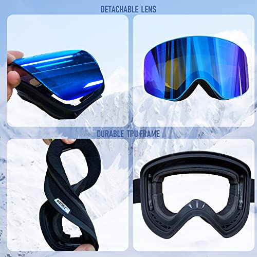 Dizokizo Ski Goggles Cylindrical Skiing Snowboard Lens Anti-fog 100% UV Protection Triple Breathable Foams Embossed Strap for Women Men REVO Blue