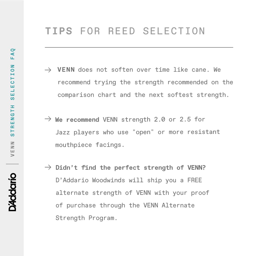 D'Addario VENN G2 Synthetic Clarinet Reeds - Bb Clarinet Reed with Advanced Synthetic Reed Construction of Polymer Fibers, Resin, Natural Cane - Strength 3.0