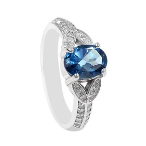 925 Solid Silver Natural London Blue Topaz 8X6 MM Oval Cut December Birthstone Statement Unisex Proposal Ring For Love and Friendship Gift (Rhodium Plated Silver, 6)