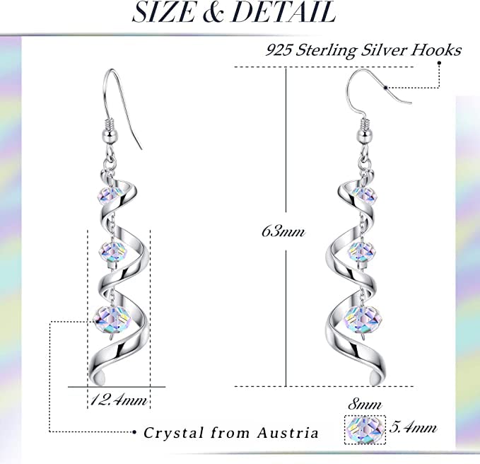 PATISORNA 925 Sterling Silver Austria Crystal Eardrop Dangle Earrings for Women Spiral Ribbon Multi Teardrop Drop Dangly Earrings Sparkly Long Dangle Earrings Jewelry Gifts for Her Silver