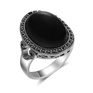 mytys retro vintage cocktail statement ring black marcasite & crystal rings for women antique silver big black onyx stone ring (silver 10, 8)