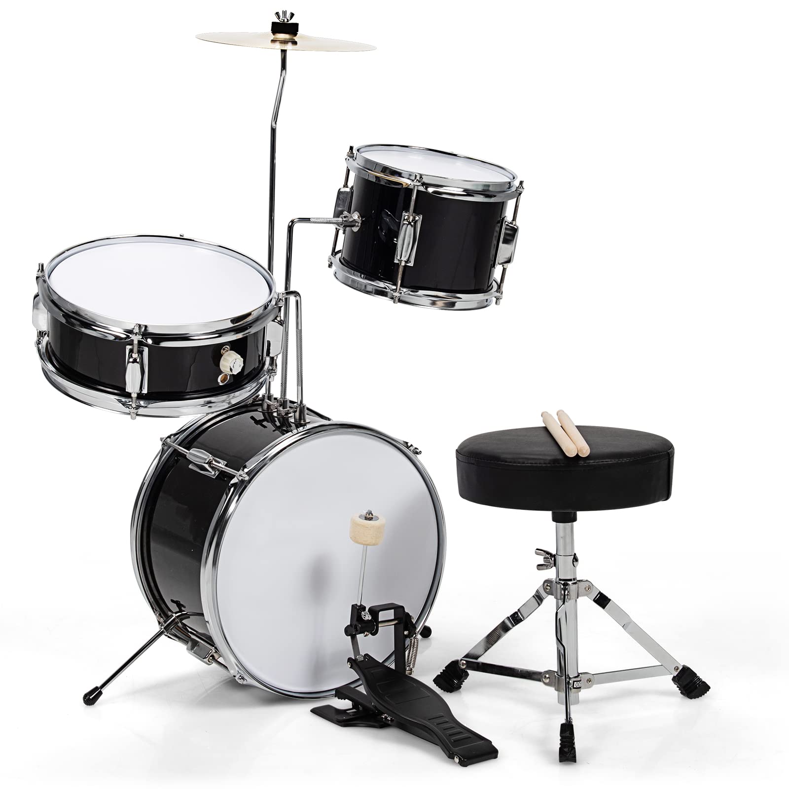 COSTWAY Kids Drum Set, 16” Junior Drum Kit with Bass/Snare/Toms/Floor Drum, Hi-Hat, Cymbal, Pedal, Seat, Drumsticks, 3 PCS Children’s Beginner Drum Instrument for Age 3-12 (Black)