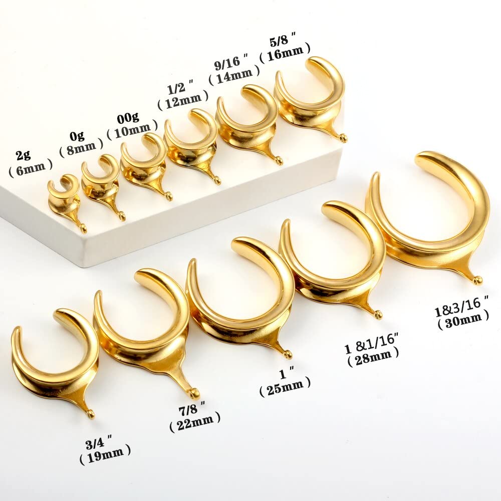 Earblity (8mm 0g DIY Ear Saddle Tunnel Plugs Piercing Stretchers Gold Hypoallergenic 316 Stainless Steel Ear Gauges Dangle Accessories Expander Fashion Body Jewelry 2PCS