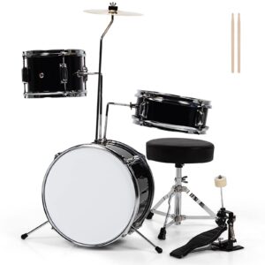 costway kids drum set, 16” junior drum kit with bass/snare/toms/floor drum, hi-hat, cymbal, pedal, seat, drumsticks, 3 pcs children’s beginner drum instrument for age 3-12 (black)