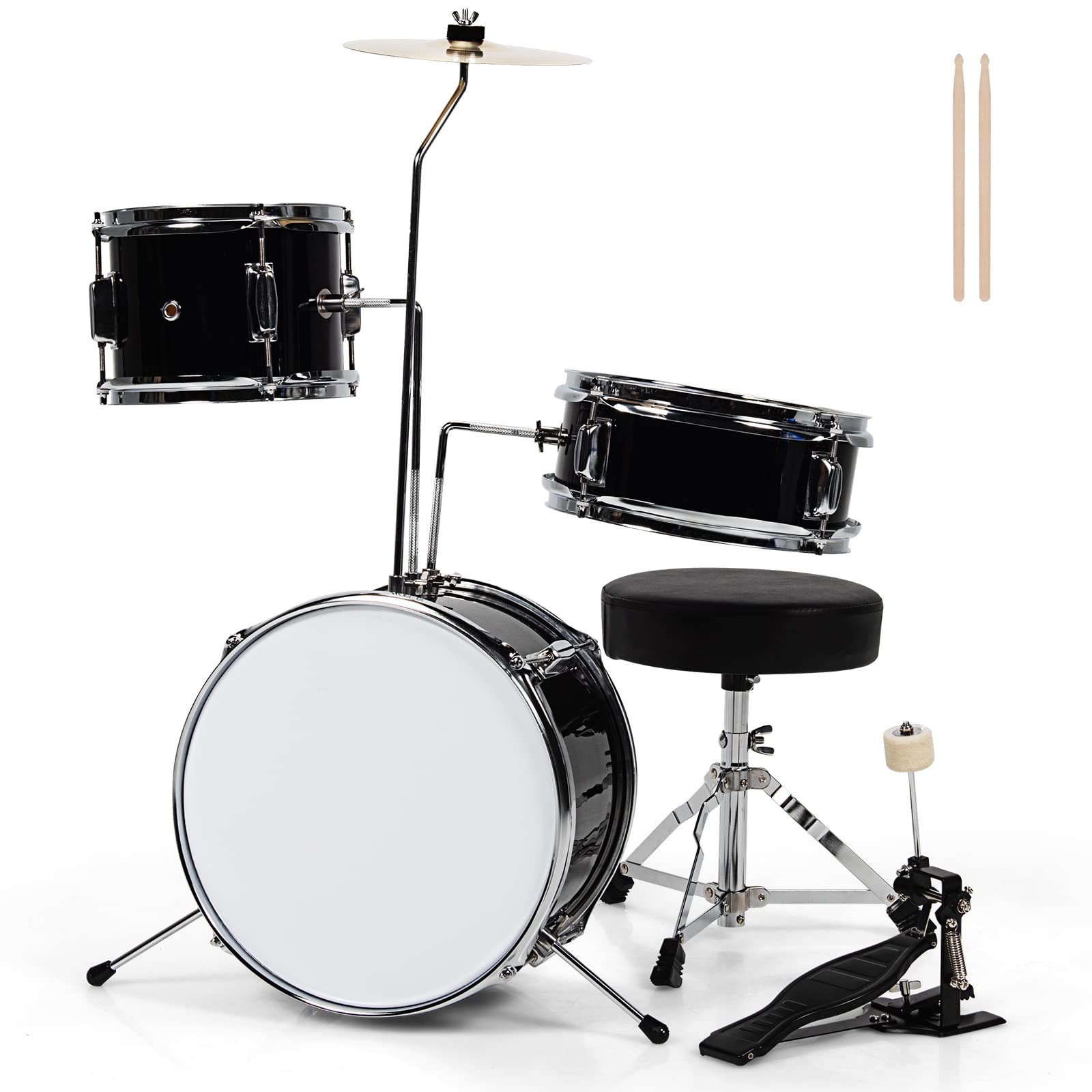 COSTWAY Kids Drum Set, 16” Junior Drum Kit with Bass/Snare/Toms/Floor Drum, Hi-Hat, Cymbal, Pedal, Seat, Drumsticks, 3 PCS Children’s Beginner Drum Instrument for Age 3-12 (Black)