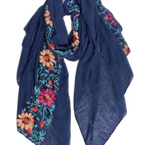 GERINLY Embroidery Flower Scarf for Women Aesthetic Bohemian Head Wrap Lightweight Shawl for Spring (N-Navy)