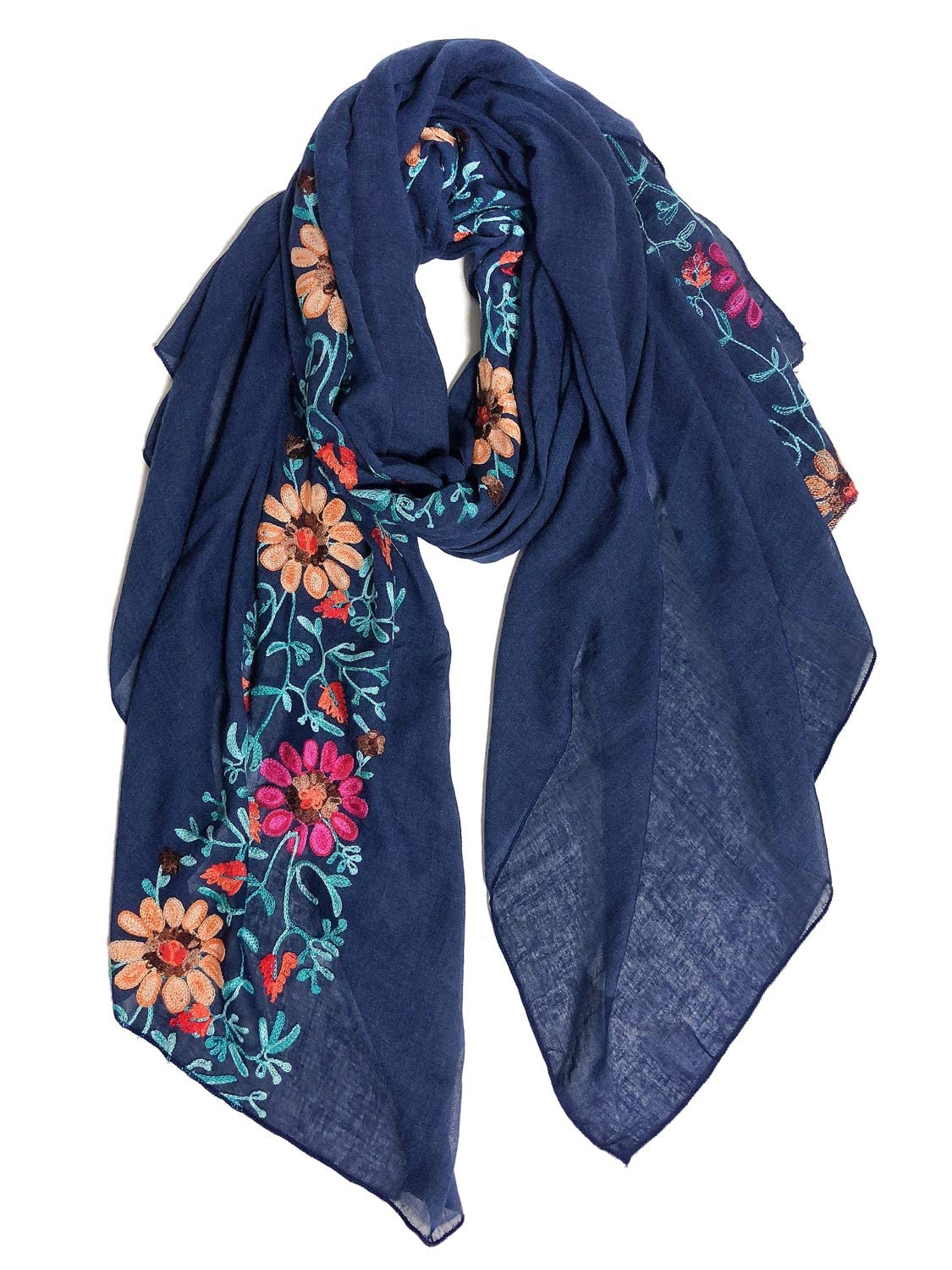 GERINLY Embroidery Flower Scarf for Women Aesthetic Bohemian Head Wrap Lightweight Shawl for Spring (N-Navy)