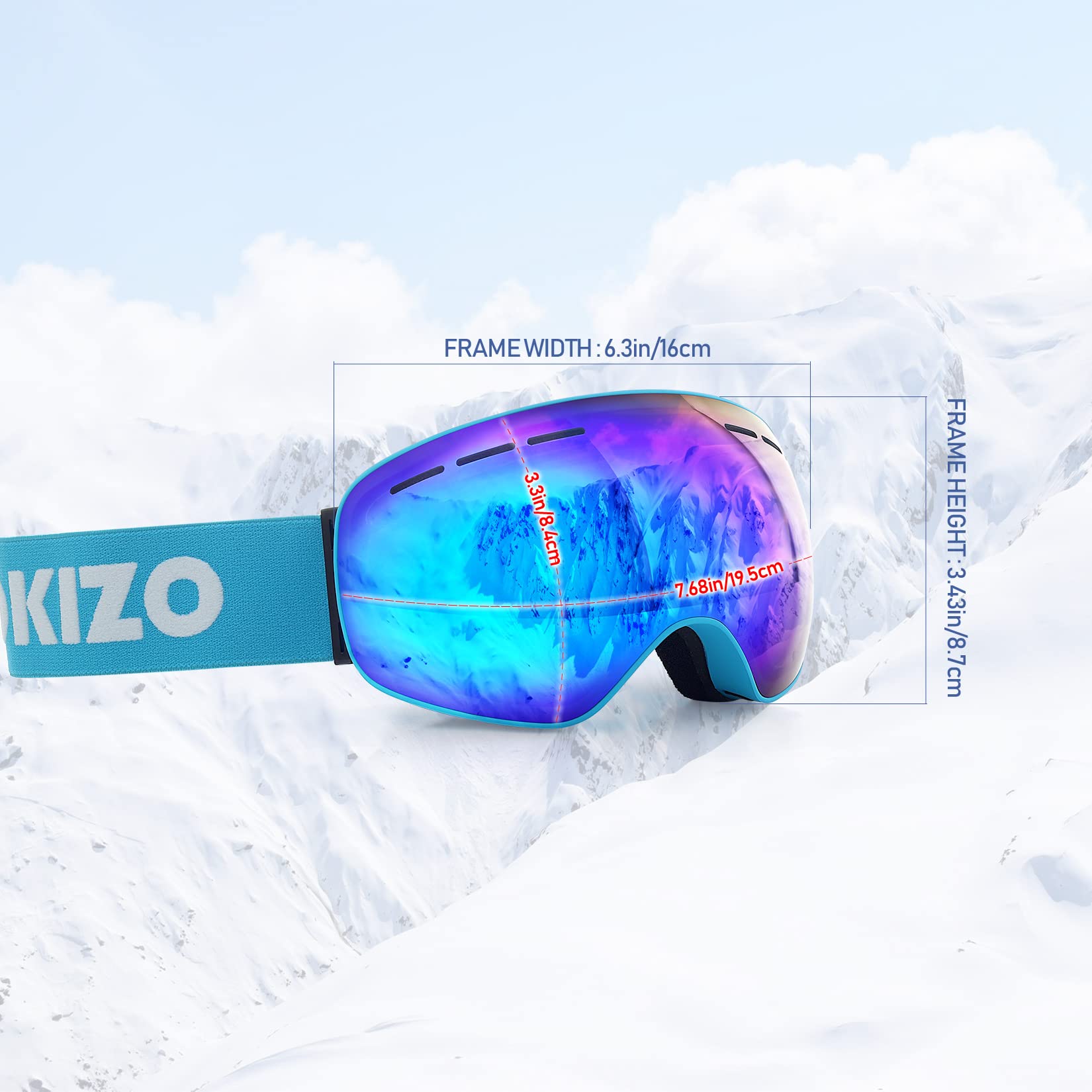 Dizokizo Ski Goggles Interchangeable Spherical Lens for Skiing Snowboard Anti-fog 100% UV Protection Triple Breathable Foams for Kids REVO Blue