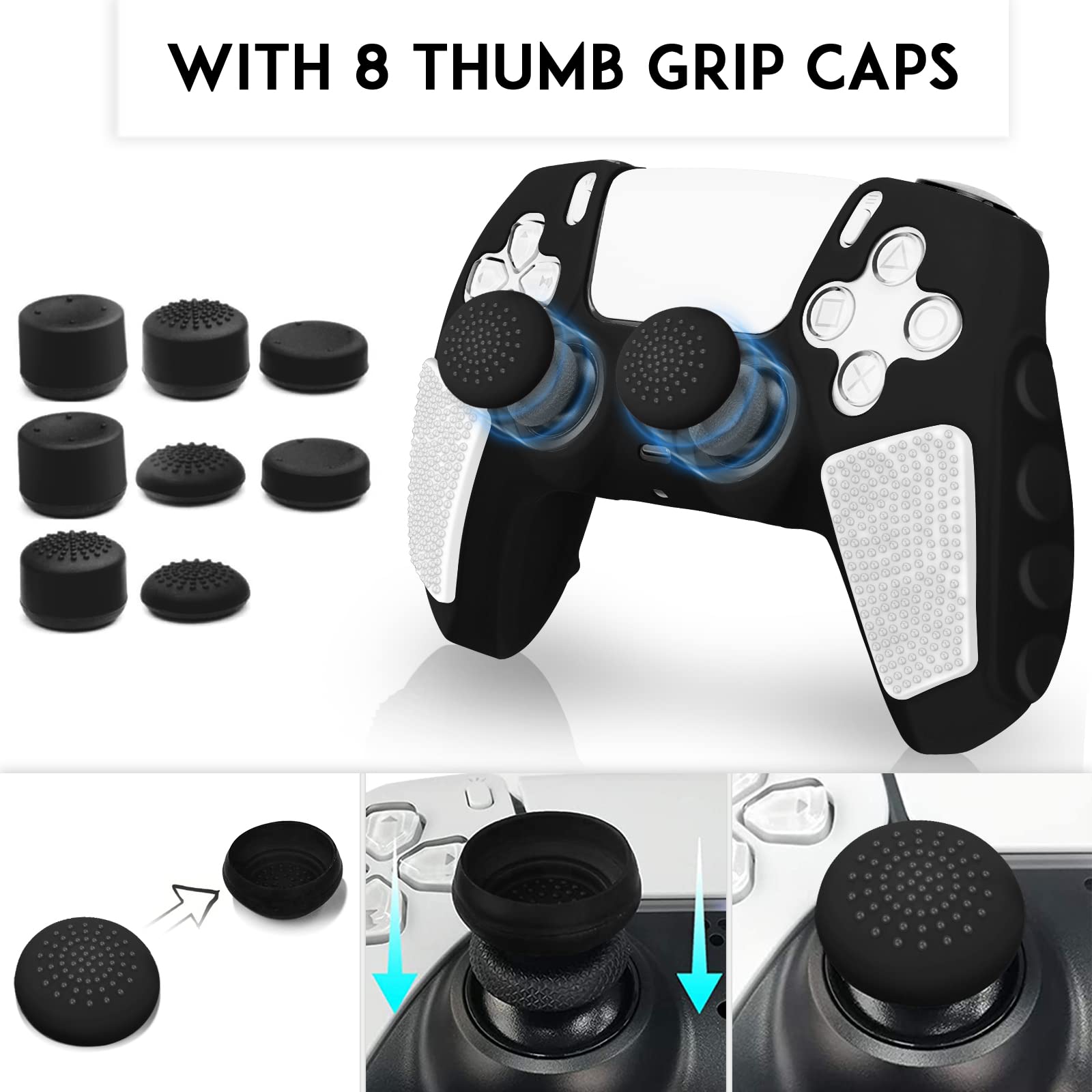 SIKEMAY Anti-Slip PS5 Controller Skin, Soft Thicken Non-Slip Studded Silicone Gel Grip Protective Cover Case for PlayStation 5 Controller Grip, 2 Pack with 8 x Thumb Grip Caps