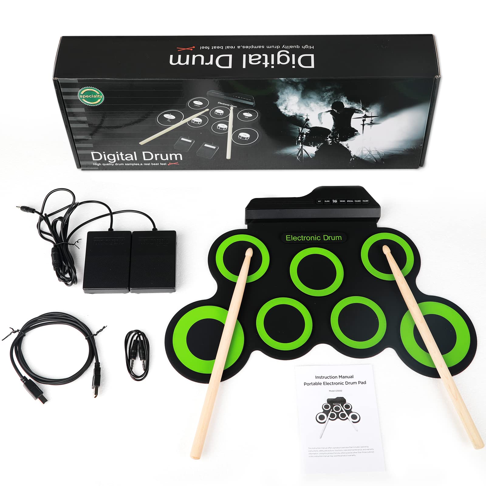 Topoworl Electronic Drum Set, Practice Drum Pad, Portable Silicone Beginners Electric Drum Set Percussion Instrument with Drum Sticks Sustain Pedals (Green)