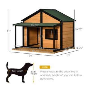 PawHut Outdoor Dog House Cabin Style, Wooden Raised Pet Kennel with Asphalt Roof, Front Door, Side Window, Porch for Medium/Large Dogs, Loading 53 lbs, Yellow