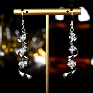 PATISORNA 925 Sterling Silver Austria Crystal Eardrop Dangle Earrings for Women Spiral Ribbon Multi Teardrop Drop Dangly Earrings Sparkly Long Dangle Earrings Jewelry Gifts for Her Silver