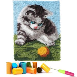 EMISTEM Latch Hook Kits for Adults - DIY Latch Hook Rug Kits for Kids, Crochet Kit for Beginners, Rug Making Kits with Printed Canvas, Gift Packaging. (Cute Cat with Baseball, 15x21)