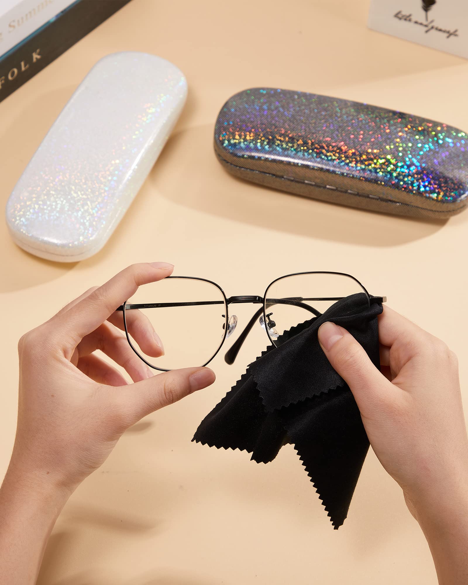 Weewooday 6 Pieces Hard Shell Eyeglasses Cases Glitter Glasses Case Unisex Glasses Case with Cleaning Cloth Sunglasses Case for Women Men