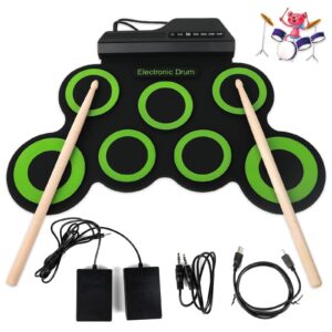 Topoworl Electronic Drum Set, Practice Drum Pad, Portable Silicone Beginners Electric Drum Set Percussion Instrument with Drum Sticks Sustain Pedals (Green)