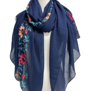 GERINLY Embroidery Flower Scarf for Women Aesthetic Bohemian Head Wrap Lightweight Shawl for Spring (N-Navy)