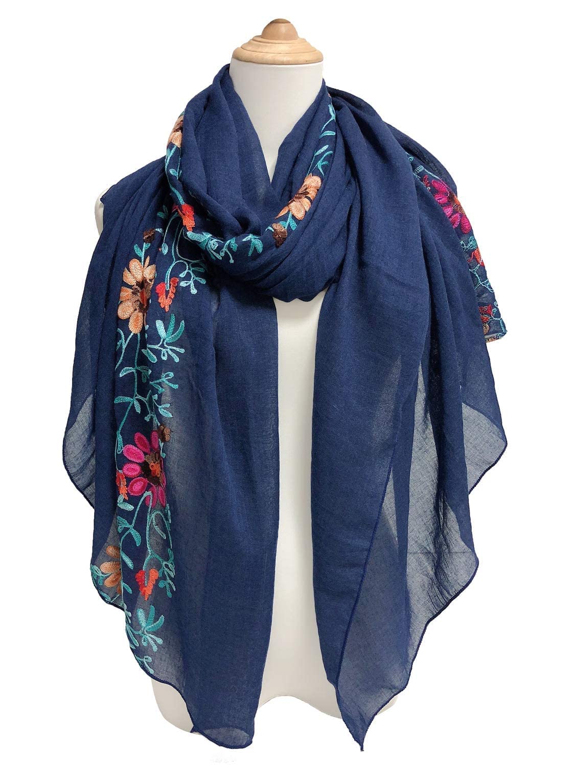 GERINLY Embroidery Flower Scarf for Women Aesthetic Bohemian Head Wrap Lightweight Shawl for Spring (N-Navy)