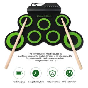 Topoworl Electronic Drum Set, Practice Drum Pad, Portable Silicone Beginners Electric Drum Set Percussion Instrument with Drum Sticks Sustain Pedals (Green)