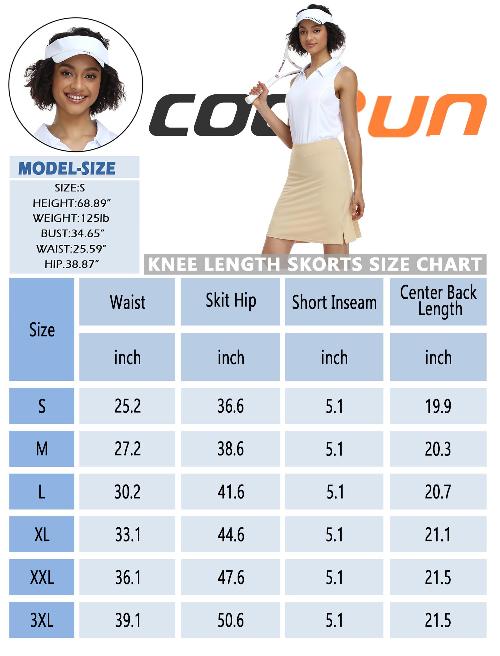 COOrun Womens 20" Knee Length Skorts Skirts Modest Long Golf Skirt Lightweight Tennis Athletic Skorts with Pockets UV Protection,Black XXL