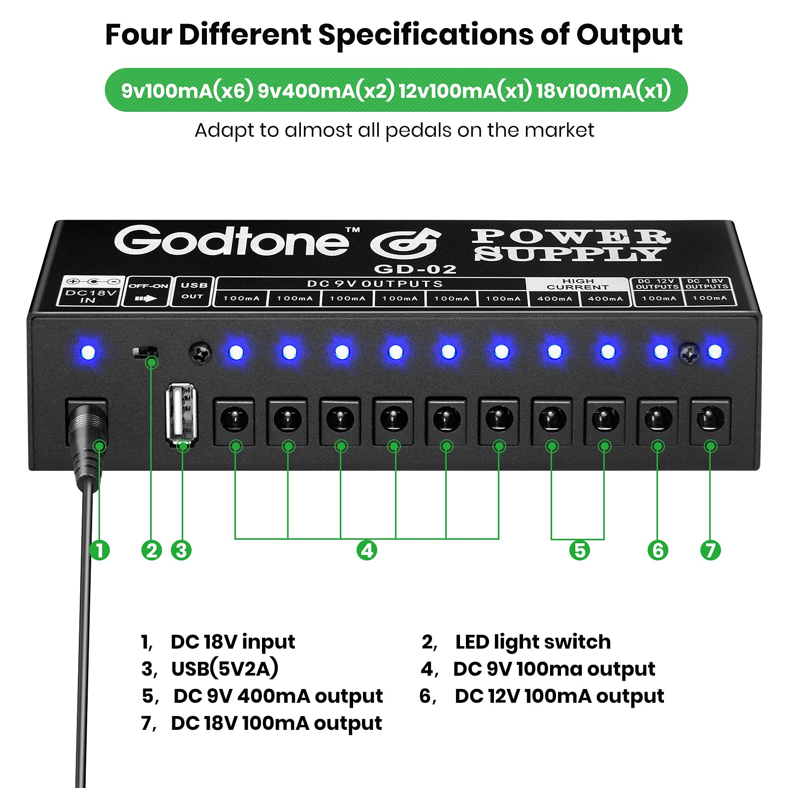 Guitar Pedal Power Supply 10 Way DC Outputs for 9V 12V 18V Effect Pedal with USB(5V2A) Port GD-02