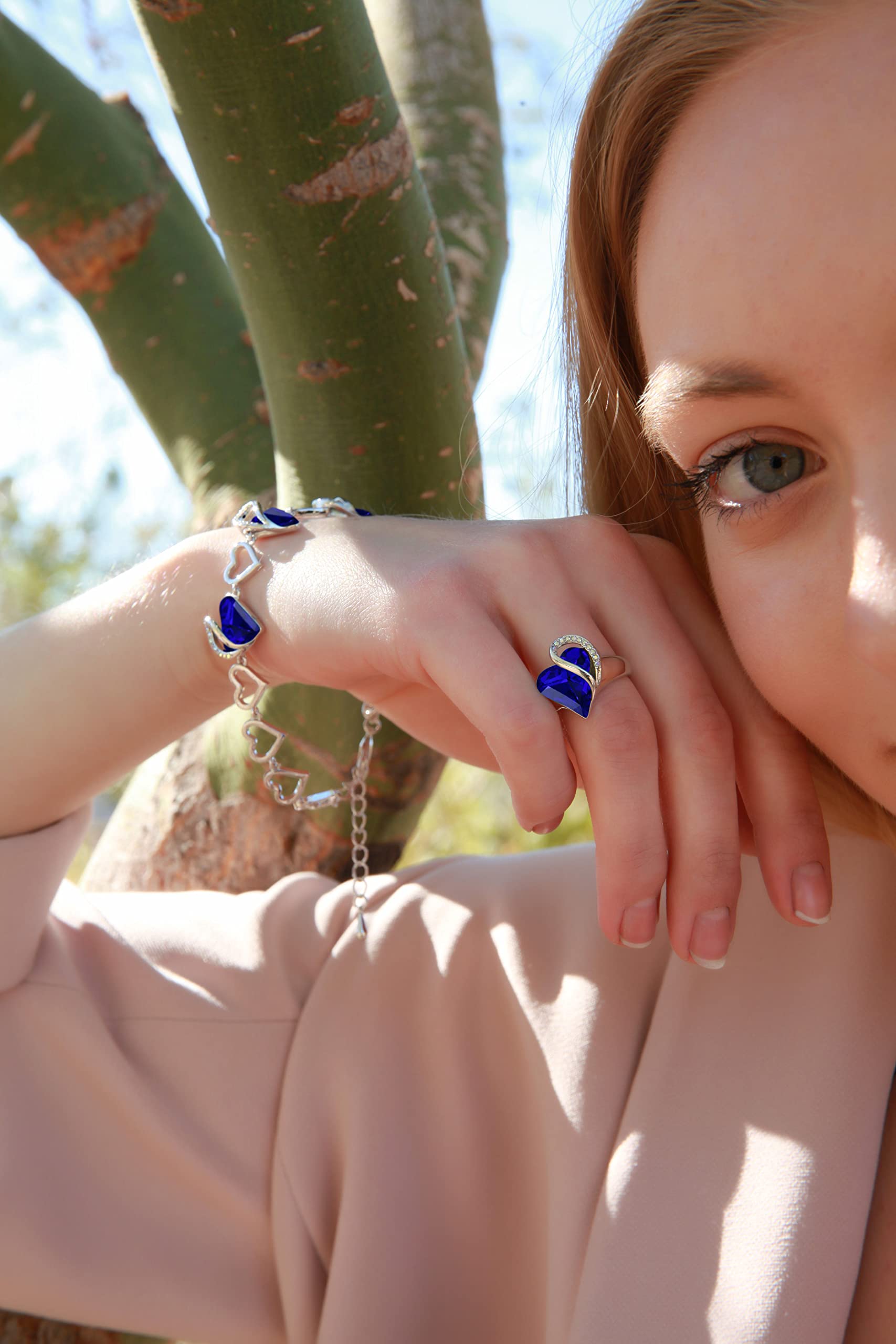 Leafael Infinity Love Women's Adjustable Heart Ring with Sapphire Blue Birthstone Crystal for September, Healing Stone for Wisdom, Jewelry Gifts for Women, Silver-Tone, Open End, Size 6.5-12