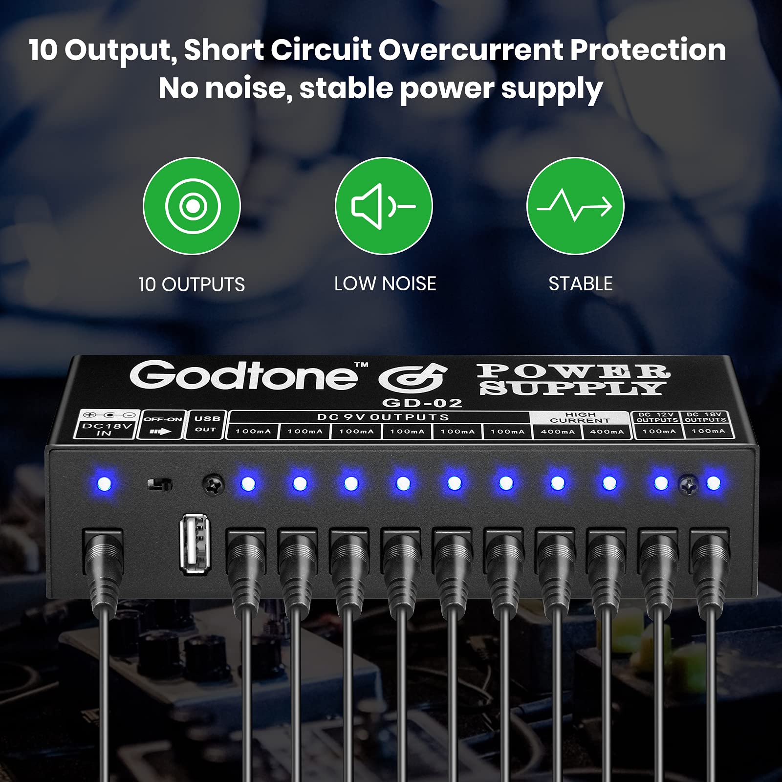 Guitar Pedal Power Supply 10 Way DC Outputs for 9V 12V 18V Effect Pedal with USB(5V2A) Port GD-02