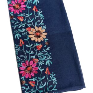 GERINLY Embroidery Flower Scarf for Women Aesthetic Bohemian Head Wrap Lightweight Shawl for Spring (N-Navy)