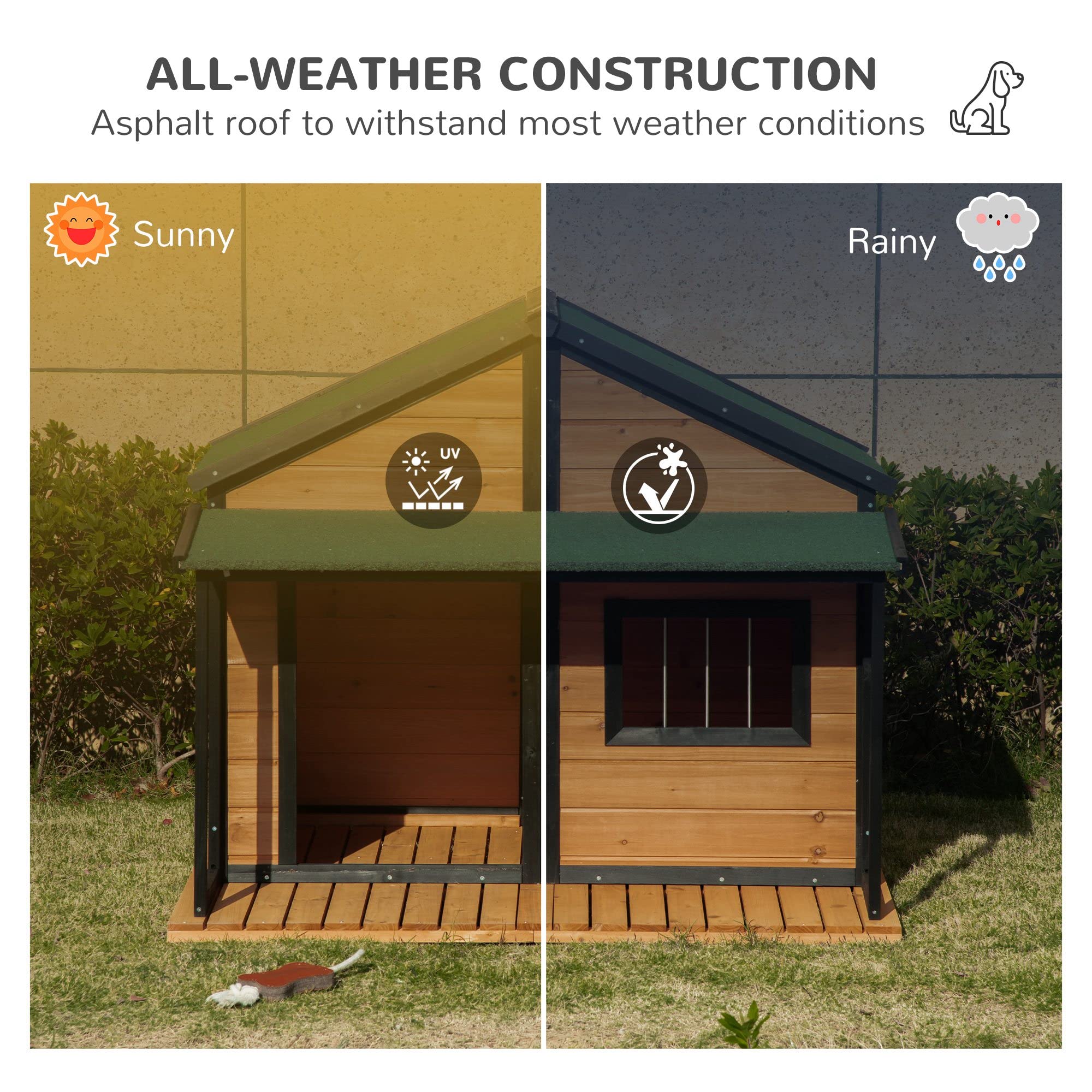 PawHut Outdoor Dog House Cabin Style, Wooden Raised Pet Kennel with Asphalt Roof, Front Door, Side Window, Porch for Medium/Large Dogs, Loading 53 lbs, Yellow