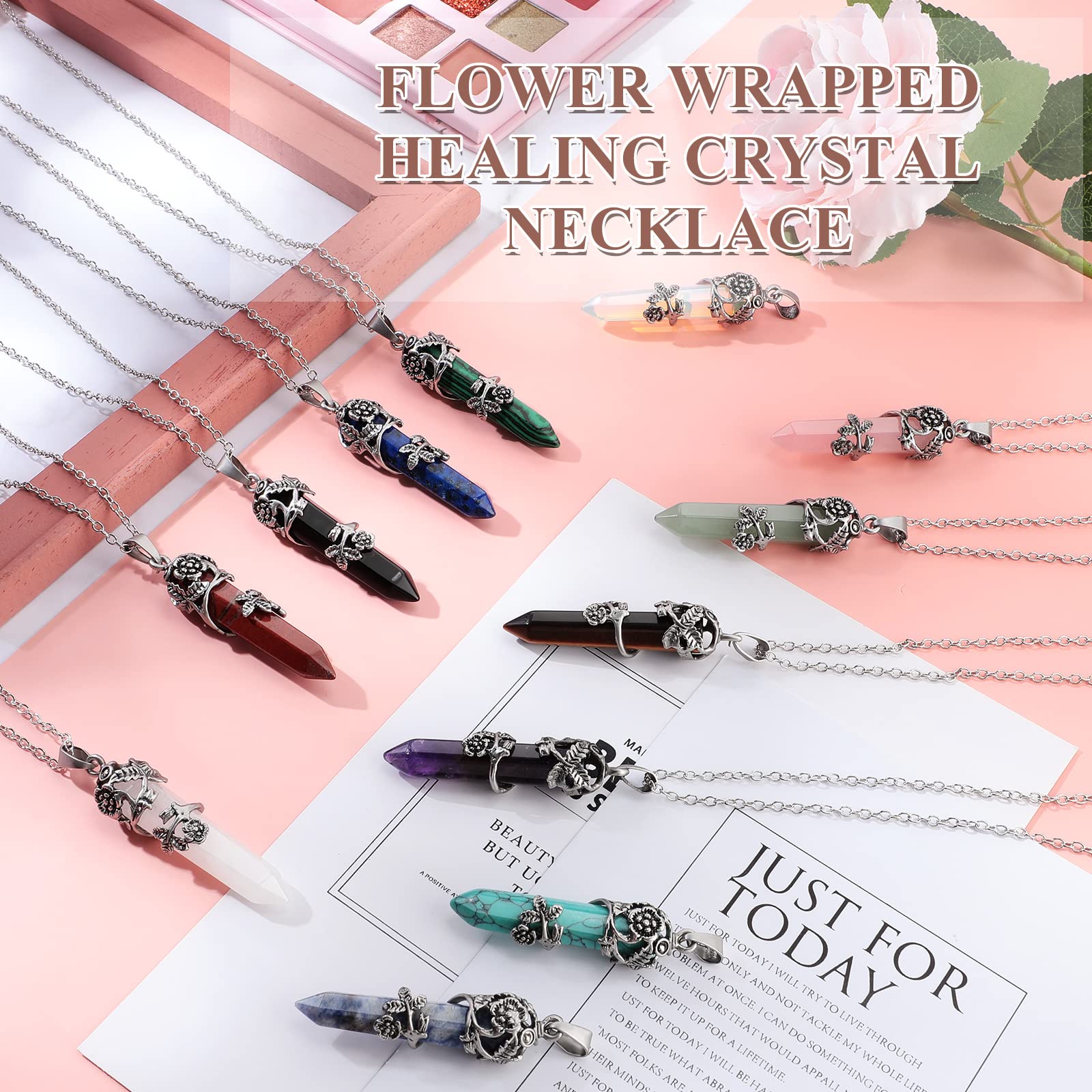 12 Pcs Healing Crystal Necklace Hexagonal Healing Crystal Flower Wrapped Crystal Point Pendant Necklace Healing Pendents Natural Quartz Point Necklace with Chain for Women (Bronze Flower Silver Chain)