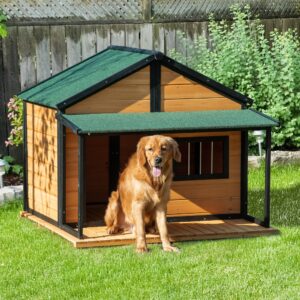 PawHut Outdoor Dog House Cabin Style, Wooden Raised Pet Kennel with Asphalt Roof, Front Door, Side Window, Porch for Medium/Large Dogs, Loading 53 lbs, Yellow