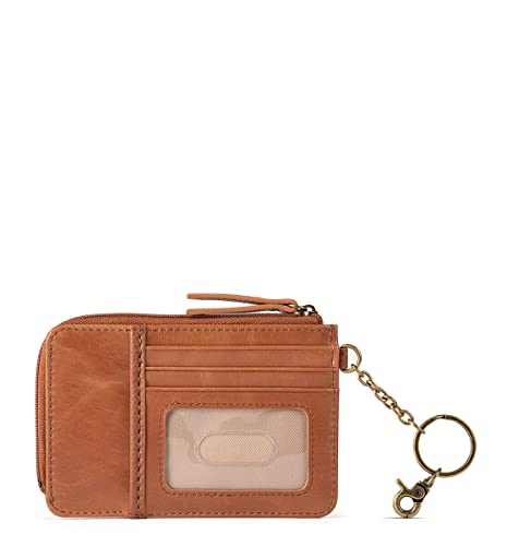 The Sak Iris Wallet in Leather, Elevated Card Holder with Keychain, Tobacco Floral Embossed II