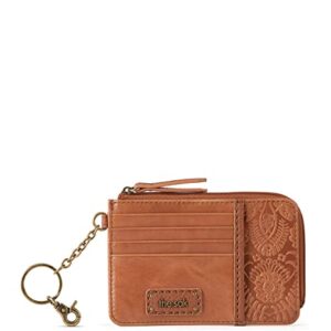 The Sak Iris Wallet in Leather, Elevated Card Holder with Keychain, Tobacco Floral Embossed II